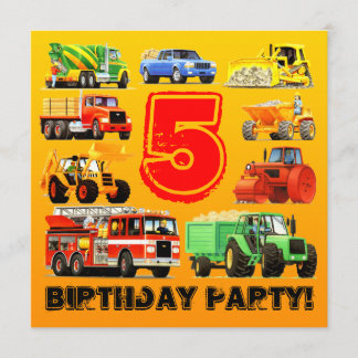 Boy's 5th Birthday Construction Truck Party Invitation