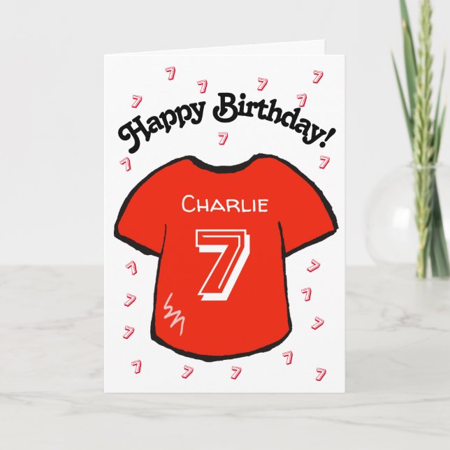 boy's 7th birthday red football shirt card (Front)