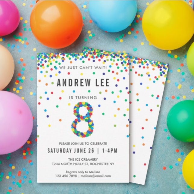 Boys 8th Birthday Party, Primary Colour Confetti Invitation (Creator Uploaded)
