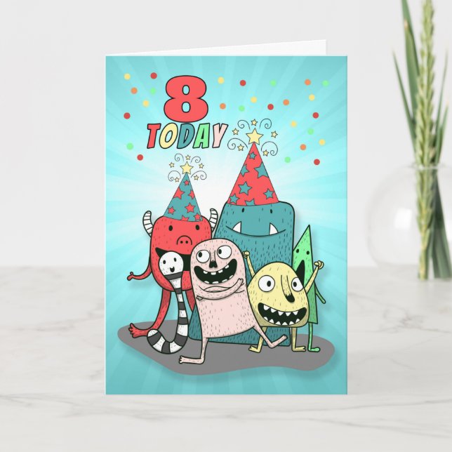Boys 8th Birthday Red and Blue Cartoon Monsters Holiday Card (Front)