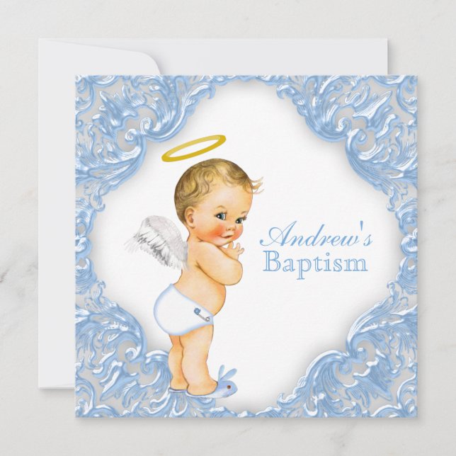 Boys Angel Baptism Christening Invitation (Front)