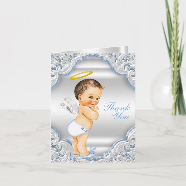 Boys Angel Baptism Thank You Card (Front)