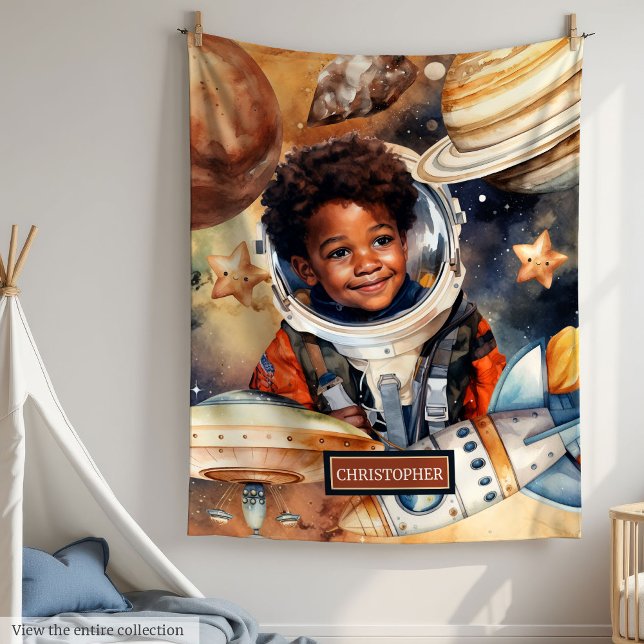 Boys Astronaut Blanket Black Skin Space Watercolor (Watercolor Black Boy Astronaut Blanket for Boys)