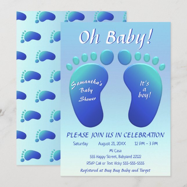 Boys Baby Feet Baby Shower Blue Ombre Baby Shower Invitation (Front/Back)