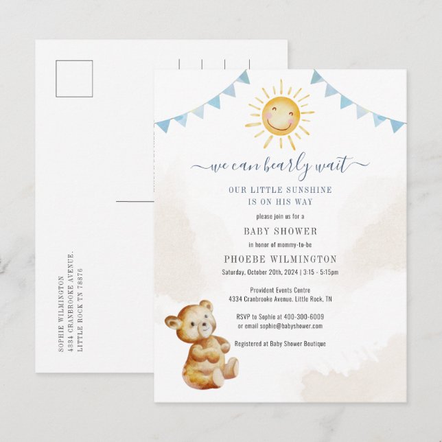 Boys Baby Shower Bear and Sunshine Watercolor Invitation Postcard (Front/Back)