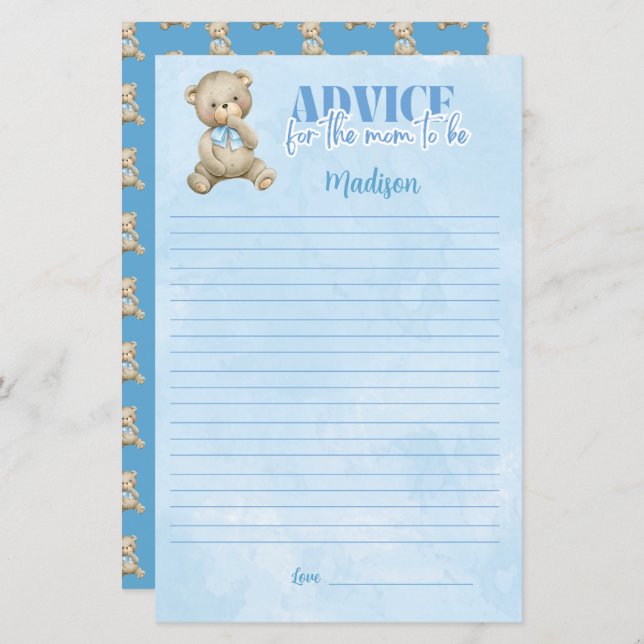 Boys Balloon Bear Advice For Mum Shower Game (Front/Back)