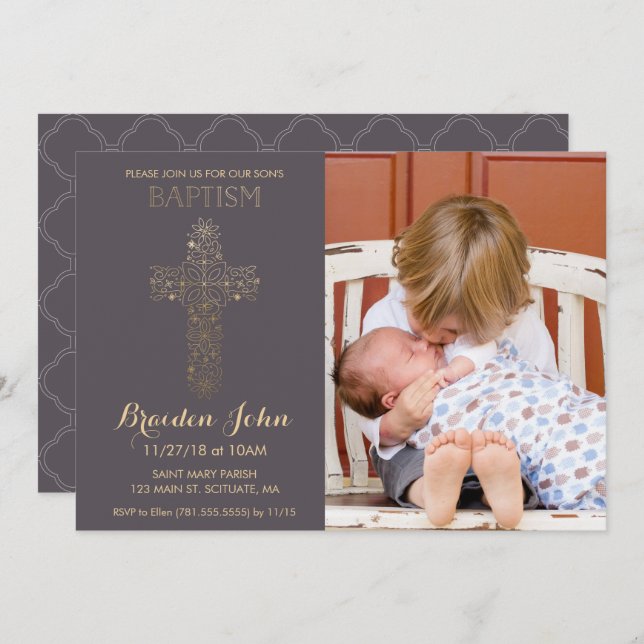 Boy's Baptism, Christening Invitation, Photo, Gold Invitation (Front/Back)