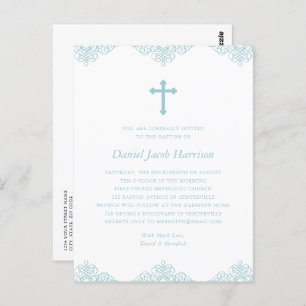 Boys Baptism Elegant Blue & White Invitation Postcard
