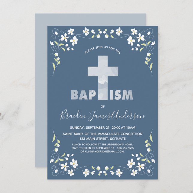 Boy's Baptism Invitation - Blue, Watercolor Cross (Front/Back)