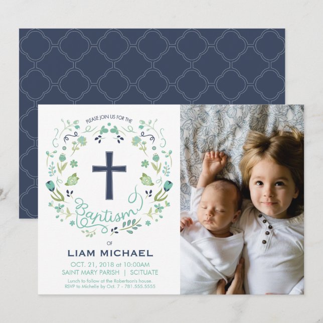 Boy's Baptism Invitation - Photo, Custom, Pretty (Front/Back)
