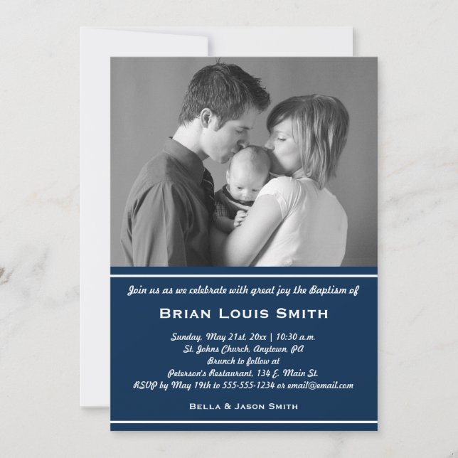 Boys Baptism Photo Invitation - Navy Blue (Front)