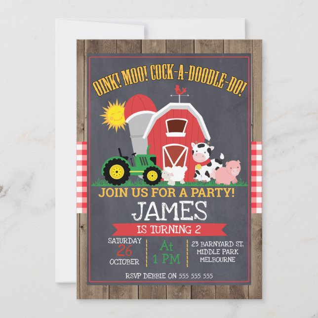 Boys Barnyard Chalkboard Birthday Invitation (Front)