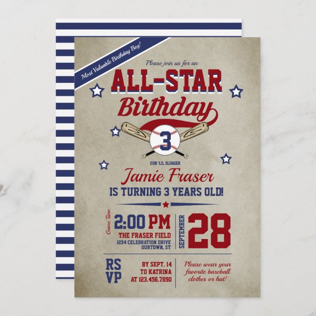 Boy's Baseball Birthday Party Invitation (Front/Back)