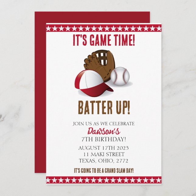 Boy's Baseball Birthday Party Invitation (Front/Back)