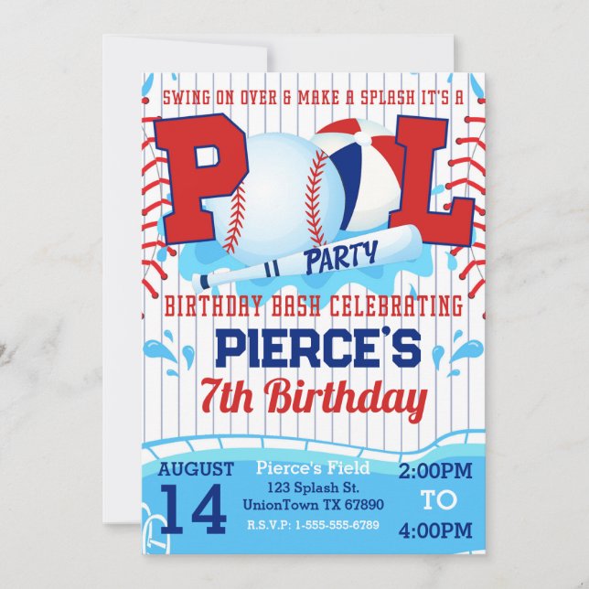 Boys Baseball Birthday Pool Party Invitation  (Front)