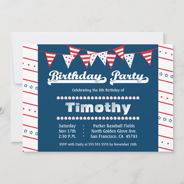 Boys baseball theme birthday party invitation (Front)