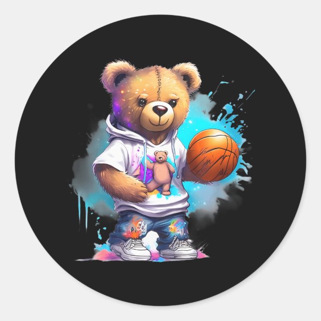 Boys Basketball Teddy Bear Classic Round Sticker (Front)