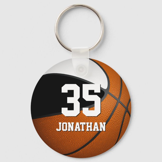 boys basketball w black and white team colours key ring (Front)