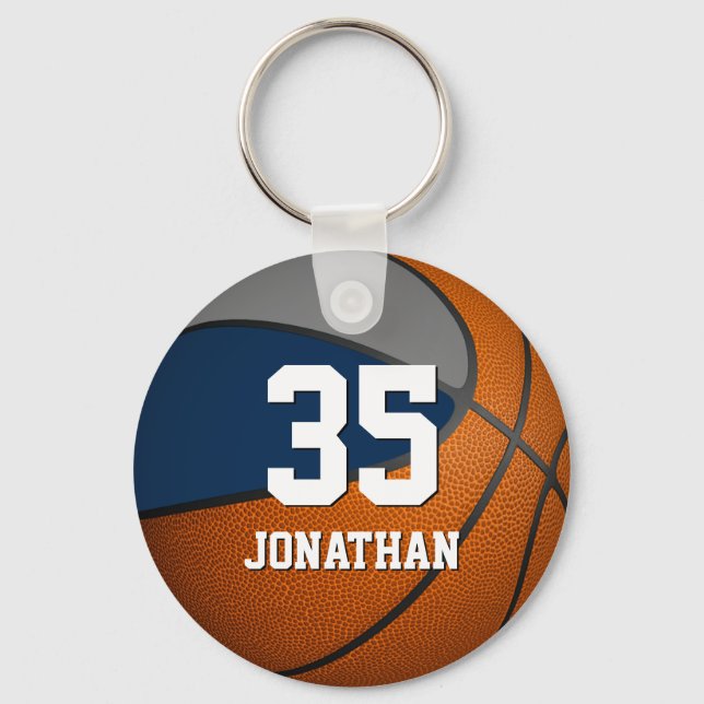 boys basketball w blue and grey team colours key ring (Front)