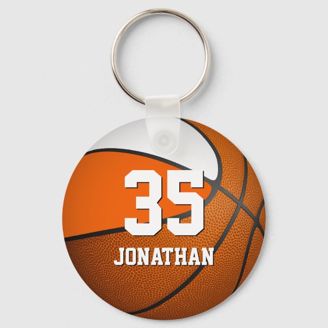 boys basketball w orange and white team colours key ring (Front)