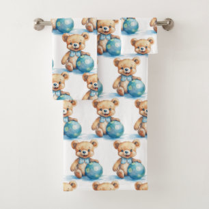 Boy's Bath Towel Set Blue Teddy Bears Bathtime