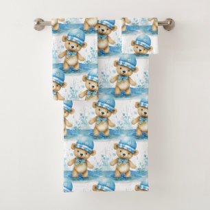 Boy's Bath Towel Set Blue Teddy Bears Bathtime