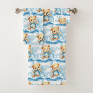 Boy's Bath Towel Set Blue Teddy Bears Bathtime