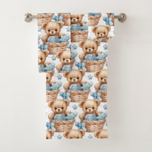Boy's Bath Towel Set Blue Teddy Bears Bathtime