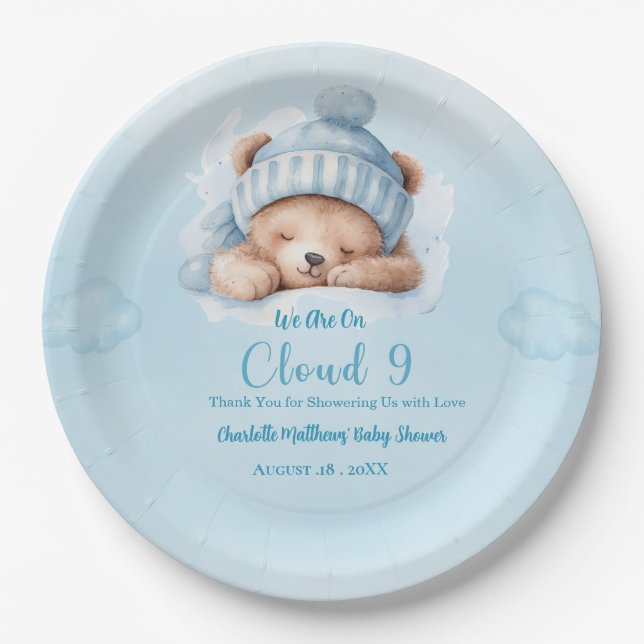 Boys Bear Bear Cloud Nine 9  Baby Shower   Paper Plate (Front)