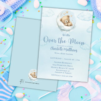 Boys Bear Bear Over the Moon Baby Shower Invitation