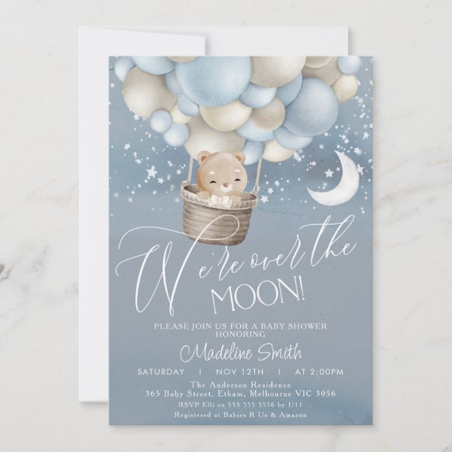 Boys Bear Hot Air Balloon Over Moon Baby Shower  Invitation (Front)
