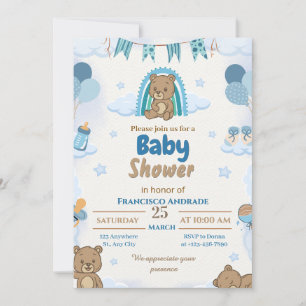 Boy's Bear Watercolor Baby Shower Invitation