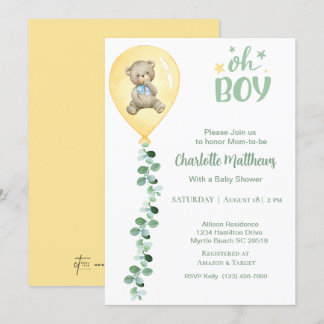 Boys Bear Yellow Balloon Eucalyptus Baby Shower Invitation