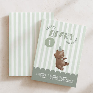 Boys Beary 1st Birthday Whimsical Green Stripe Invitation