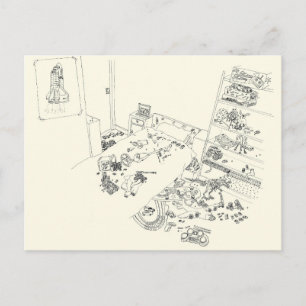 Boys Bedroom Mess Family Humour Drawing from Above Postcard