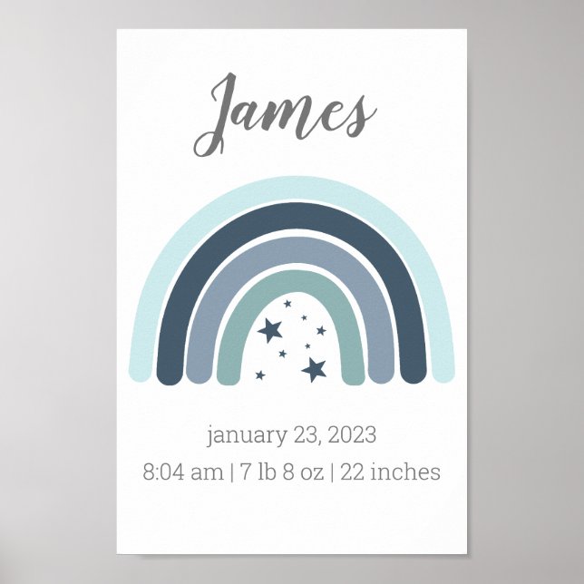 Boys Birth Stats Poster Personalised Rainbow (Front)