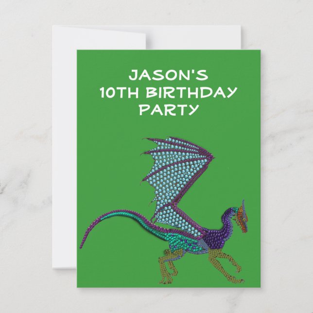 Boys Birthday Beaded Dragon Green Invitation (Front)