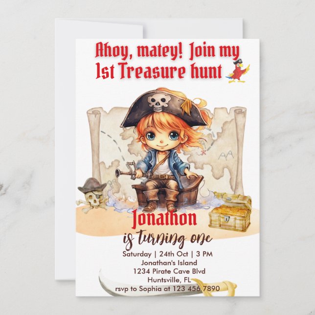 Boys Birthday Customisable Pirate Party Invitation (Front)