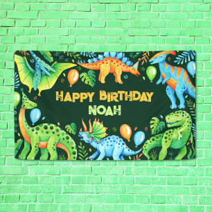 Boys Birthday Cute Dinosaurs Party Watercolor Banner