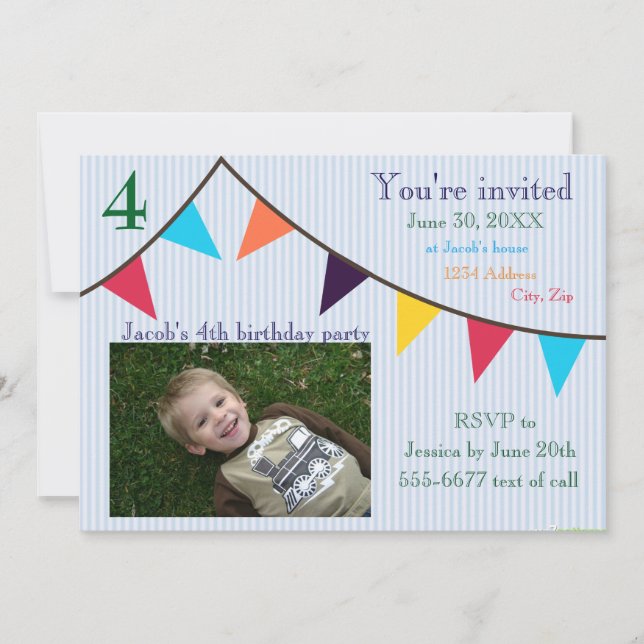 Boys Birthday Invitation Blue Striped Banner (Front)
