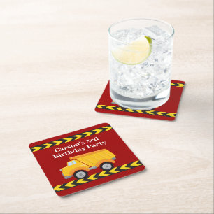 Boys Birthday Party Custom Red Dump Truck Kids Square Paper Coaster