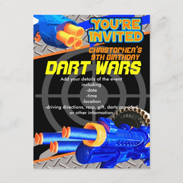 Boys Birthday Party Dart Wars Laser Tag Foam Decor Invitation Postcard (Front)
