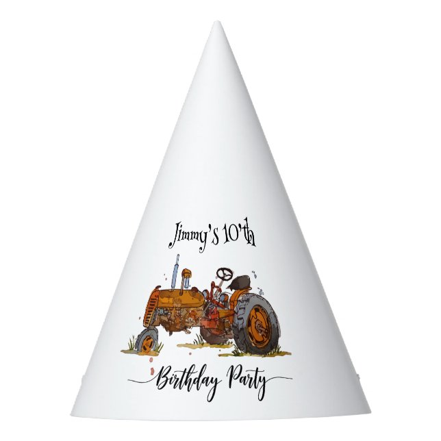 Boys birthday party with antique tractor design party hat (Front)