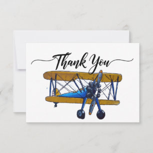 Boys birthday party with yellow and blue biplane thank you card