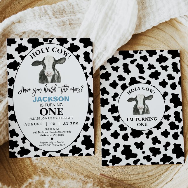 Boys Black White Cow Print Holy Cow 1st Birthday Invitation (Boys black and white cow and cow print pattern 1st birthday invitation.)
