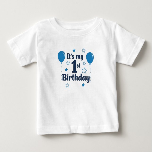 Boy's Blue 1st Birthday T-Shirt with Balloons  (Front)