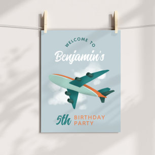 Boys Blue Aeroplane Travel Birthday Welcome Sign