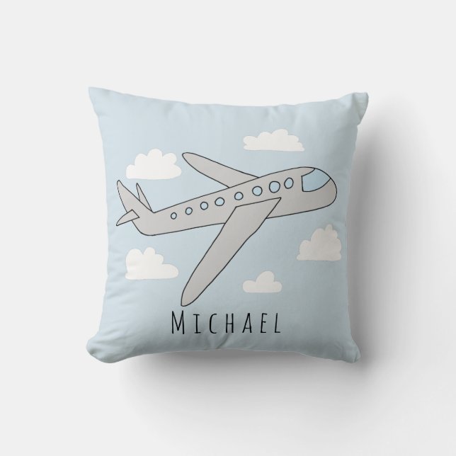 Boys Blue Aeroplane Travel Design and Name Nursery Cushion (Front)