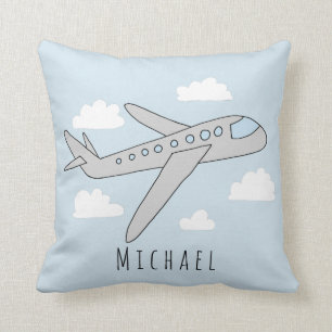 Boys Blue Aeroplane Travel Design and Name Nursery Cushion
