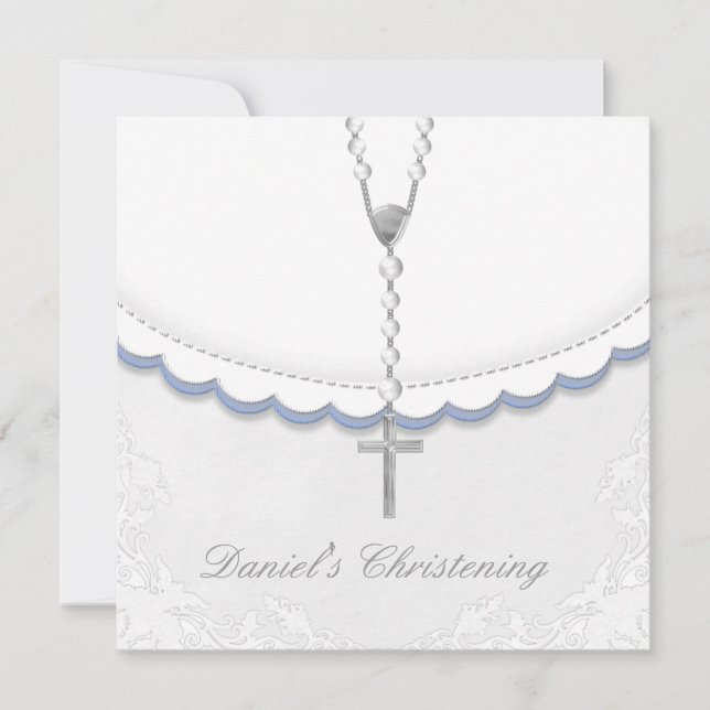 Boys Blue and Grey Christening Invitations (Front)